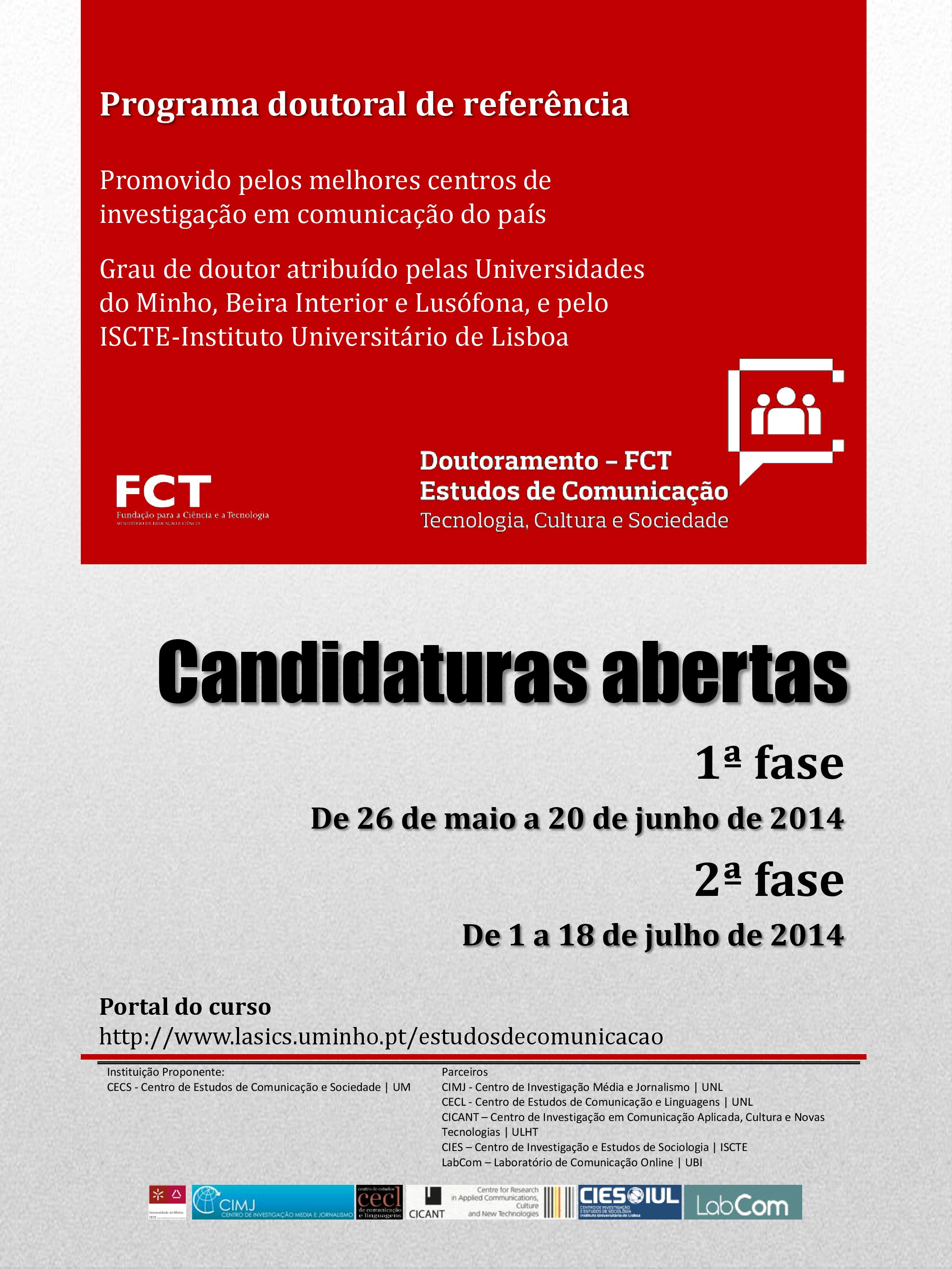 Candidaturas à 2ª edição do Programa Doutoral – Estudos de Comunicação: Tecnologia, Cultura e Sociedade (Doutoramento FCT)